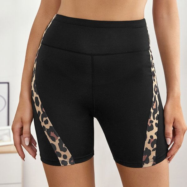 

Contrast Leopard High Waist Sports Shorts, Black