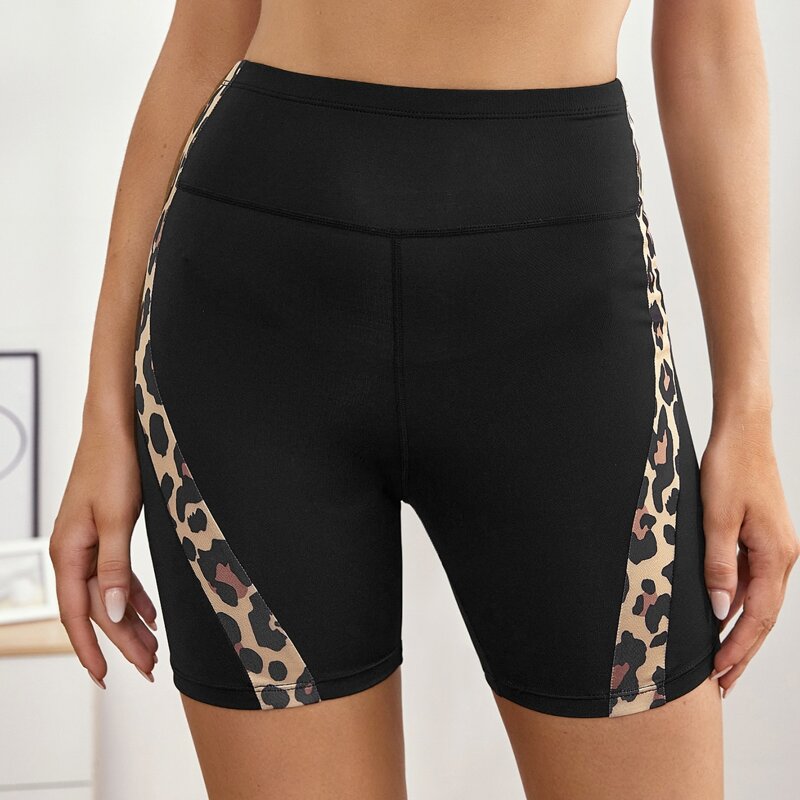 

Contrast Leopard High Waist Sports Shorts, Black