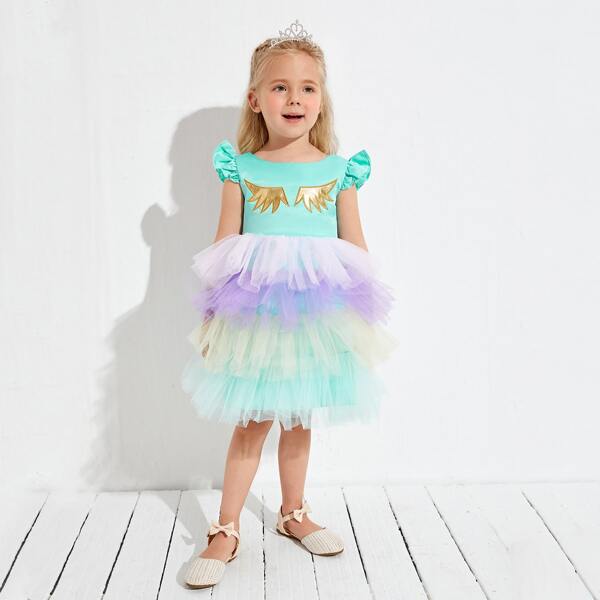 

Toddler Girls Contrast Tiered Mesh Hem Party Dress, Multicolor