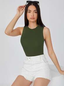 SHEIN BASICS Solid Form Fitted Tank Bodysuit - Army Green - View 1