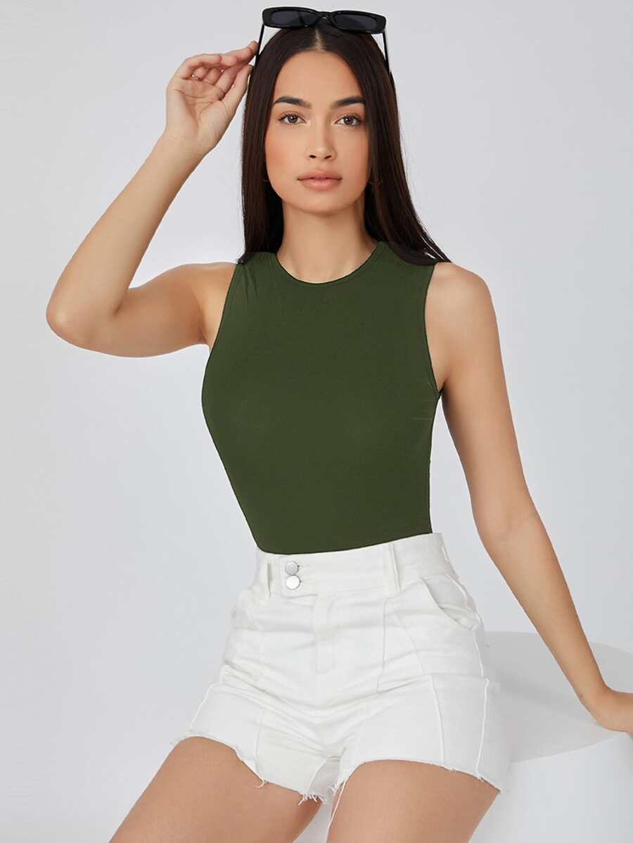 SHEIN BASICS Solid Form Fitted Tank Bodysuit - Army Green - View 1