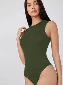 SHEIN BASICS Solid Form Fitted Tank Bodysuit - Army Green - View 3