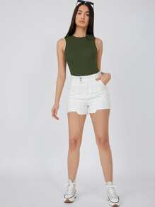 SHEIN BASICS Solid Form Fitted Tank Bodysuit - Army Green - View 4