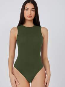 SHEIN BASICS Solid Form Fitted Tank Bodysuit - Army Green - View 5