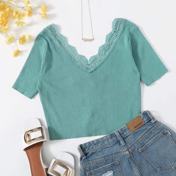 Lace Up Front Rib Knit Top, Green