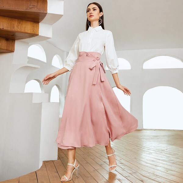 

Solid Lantern Sleeve Blouse & Knot Side Skirt Set, Multicolor