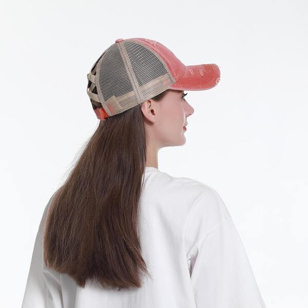 

Ripped Hem Mesh Baseball Cap, Red
