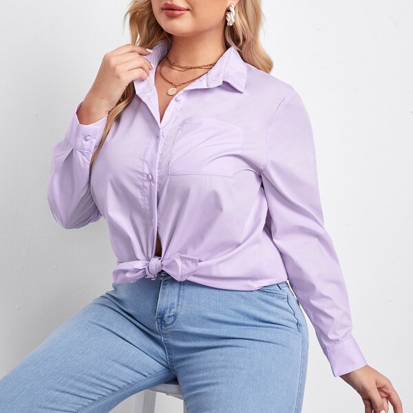 

Plus Patch Pocket Curved Hem Solid Blouse, Lilac purple