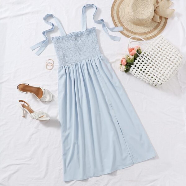 

Tie Shoulder Shirred Waist Dress, Pastel baby blue