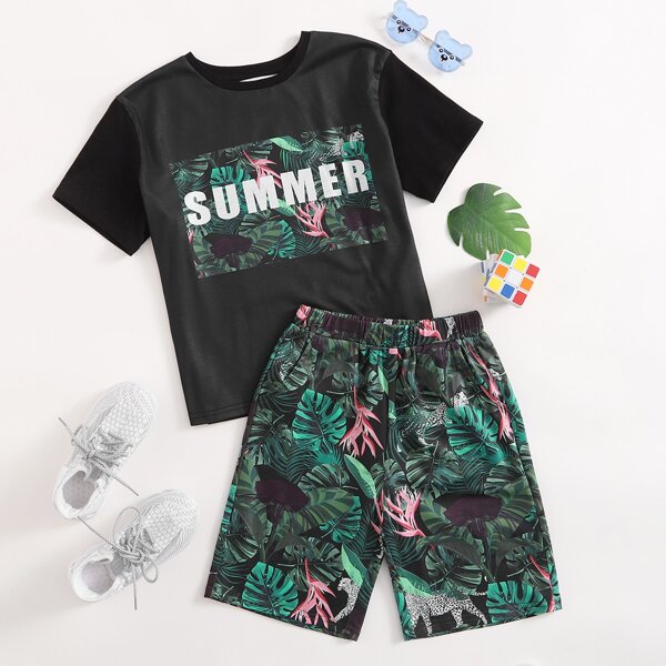 

Boys Letter Graphic Tee & Allover Tropical Print Shorts Set, Multicolor
