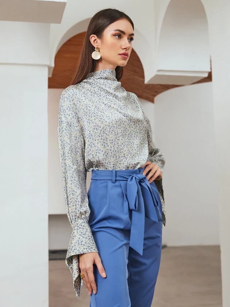 Allover Plants Print Mock Neck Satin Top