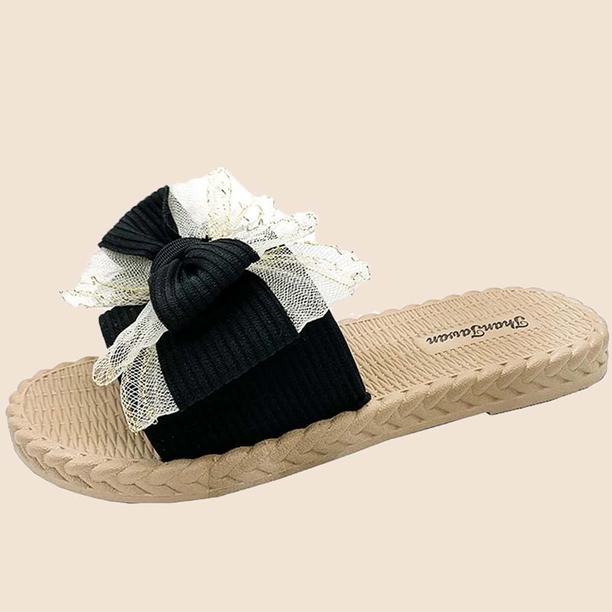 

Mesh Bow Slide Sandals, Black