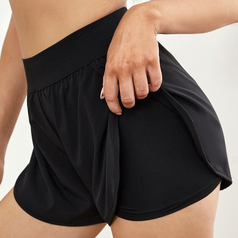 

Solid Wide Band Waist Sports Shorts, Black