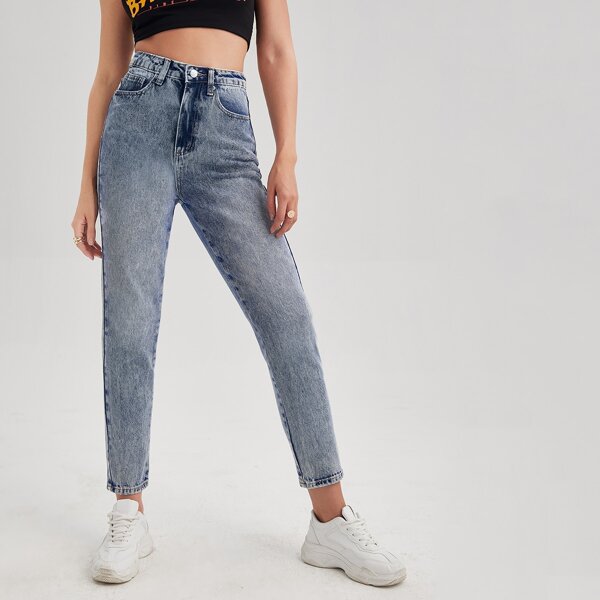 

High Waist Slant Pocket Mom Jeans, Light wash