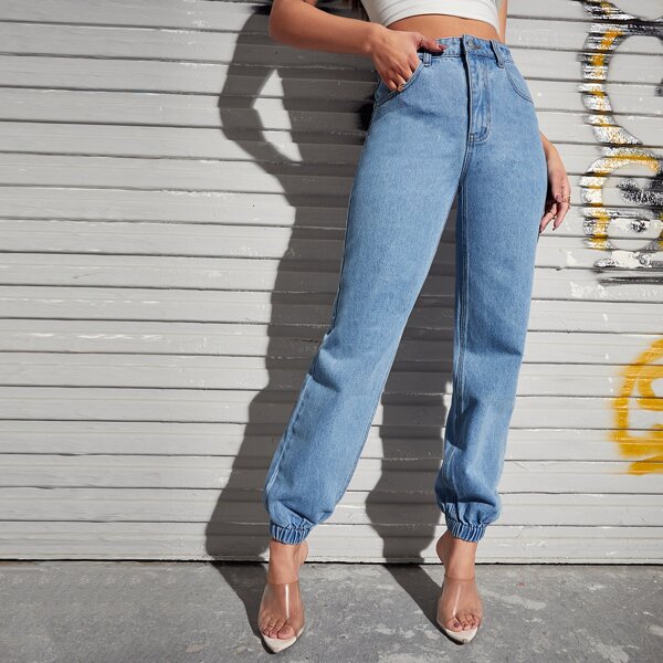 

High Waist Slant Pocket Jogger Jeans, Medium wash