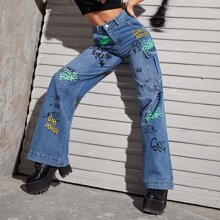 Letter & Graphic Print Wide Leg Jeans