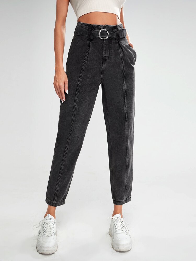 High Waisted O-Ring Belted Mom Jeans - Dark Grey - View 1