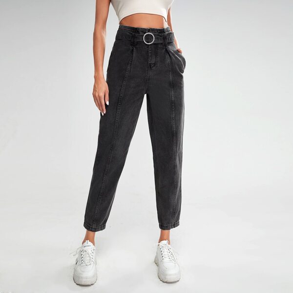 

High Waisted O-Ring Belted Mom Jeans, Dark grey