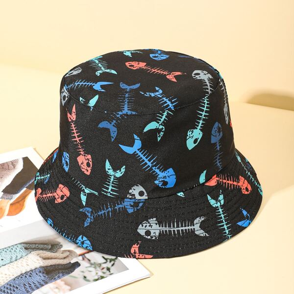 

Fish Bone Print Bucket Hat, Multicolor