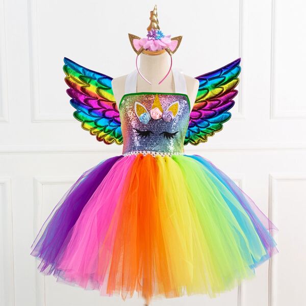 

Toddler Girls Unicorn Pattern Rainbow Tutu Party Dress & Headband & Wings, Multicolor