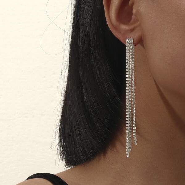

Rhinestone Tassel Decor Drop Earrings, Silver