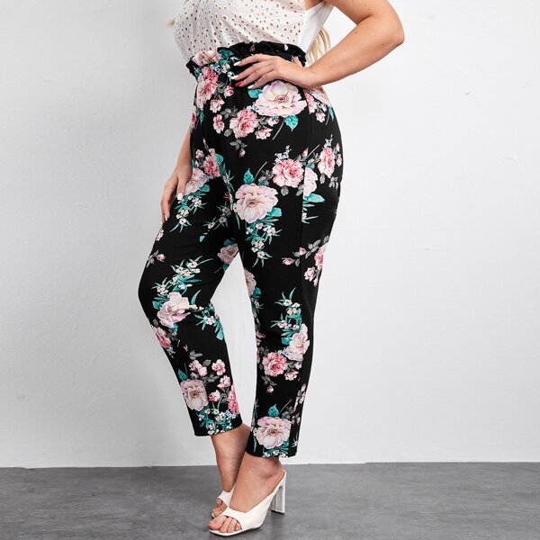 

Plus Floral Print Paperbag Waist Pants, Multicolor