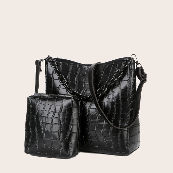 

Croc Embossed Shoulder Bag With Inner Pouch, Black