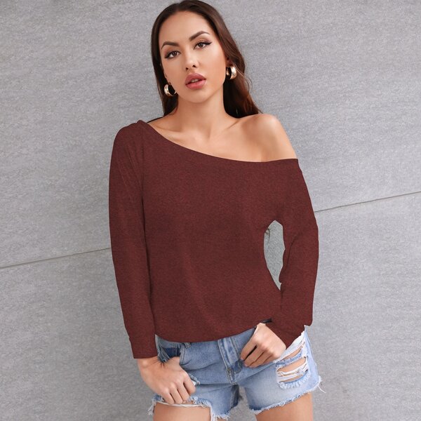 

Asymmetrical Neck Solid Sweatshirt, Maroon