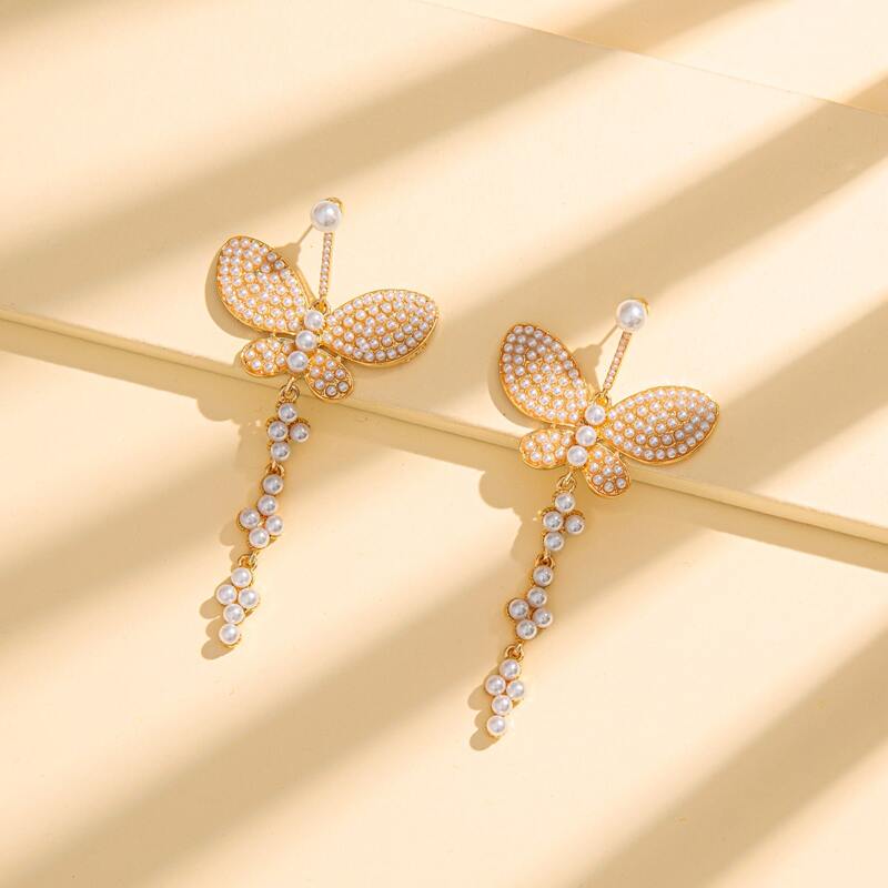

Faux Pearl Butterfly Drop Earrings, White