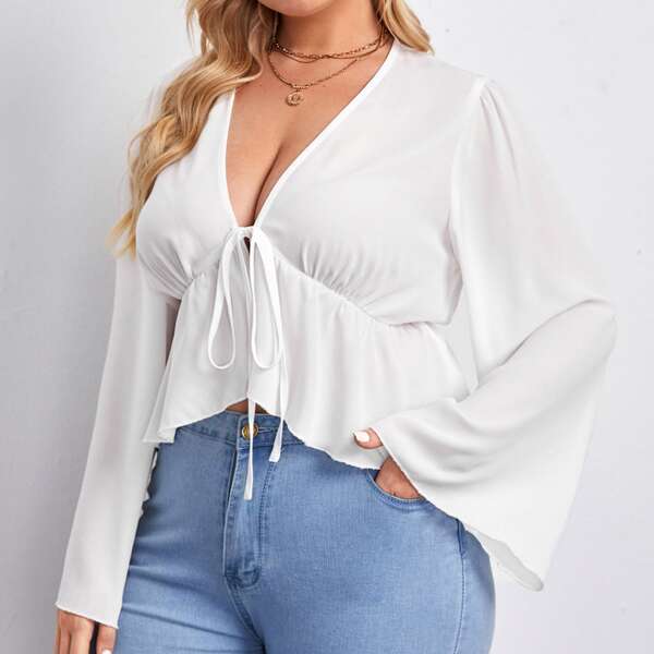 

Plus Bell Sleeve Tie Front Peplum Top, White