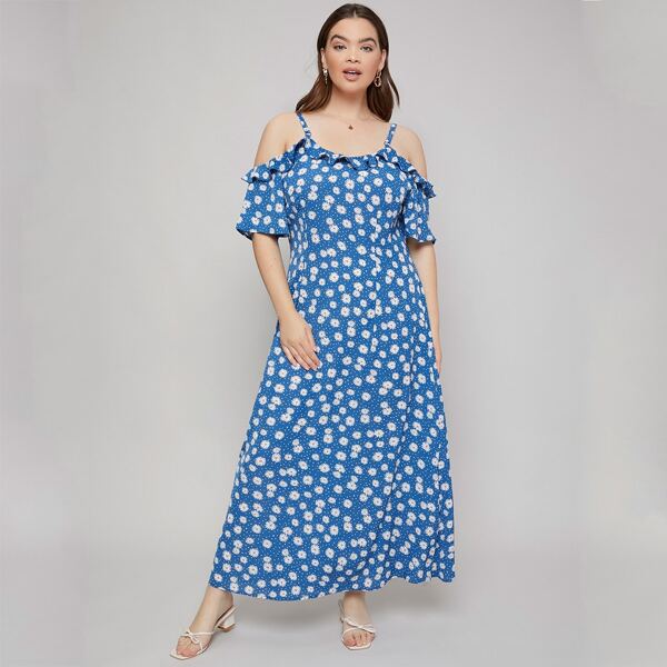 

Plus Allover Floral Print Cold Shoulder Dress, Multicolor