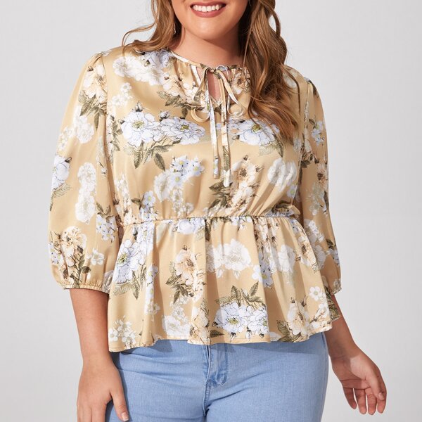 

Plus Allover Floral Print Tie Neck Peplum Top, Multicolor