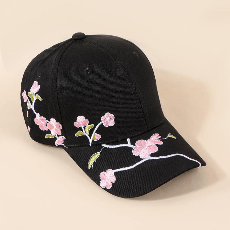 

Flower Embroidery Baseball Cap, Black