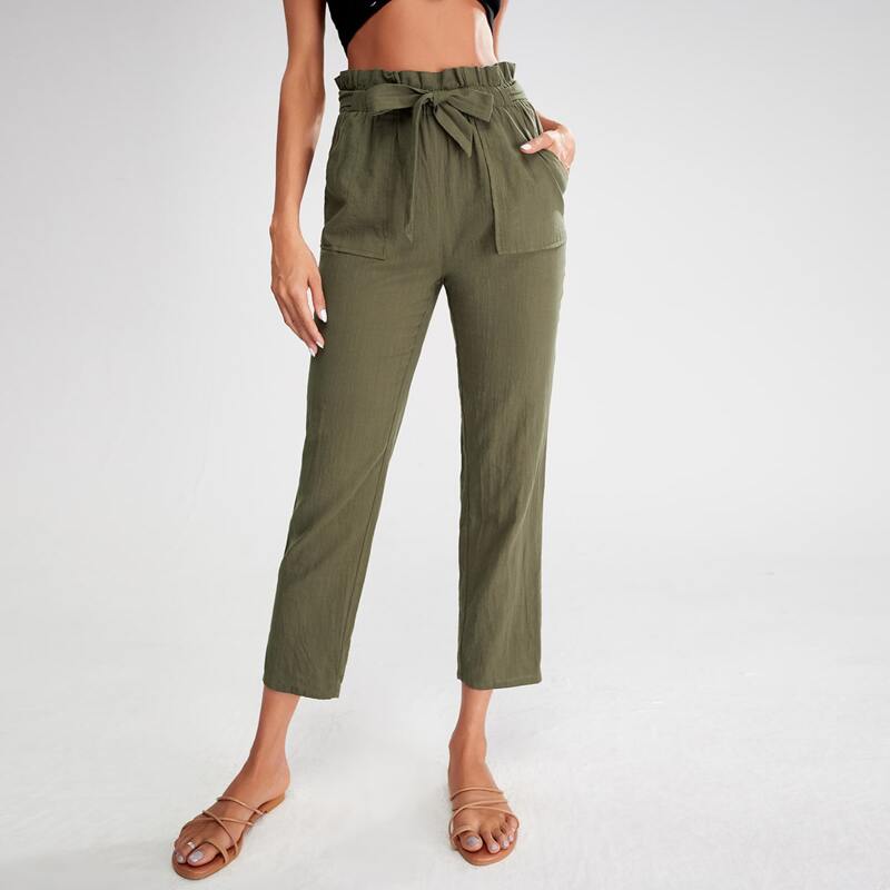 

Solid Paperbag Waist Belted Pants, Army green