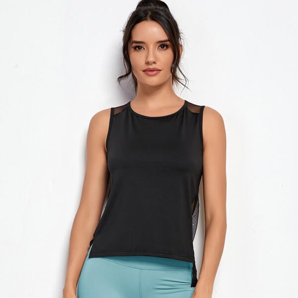 

Contrast Mesh Sheer Back Sports Tank Top, Black