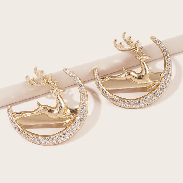 

2pcs Rhinestone Deer Decor Hair Clip, Gold