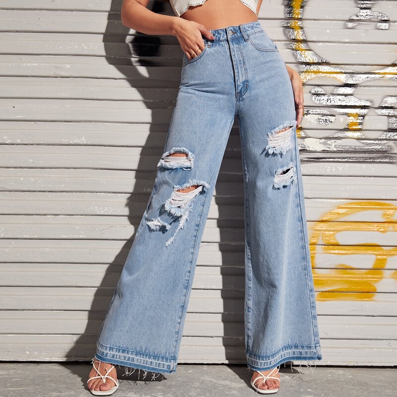 

High Waist Ripped Detail Wide Leg Jeans, Light wash