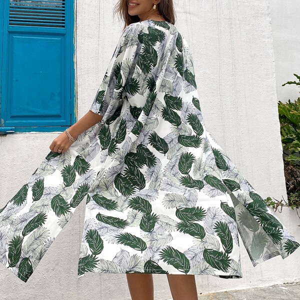 

Tropical Print Slit Hem Kimono, Multicolor
