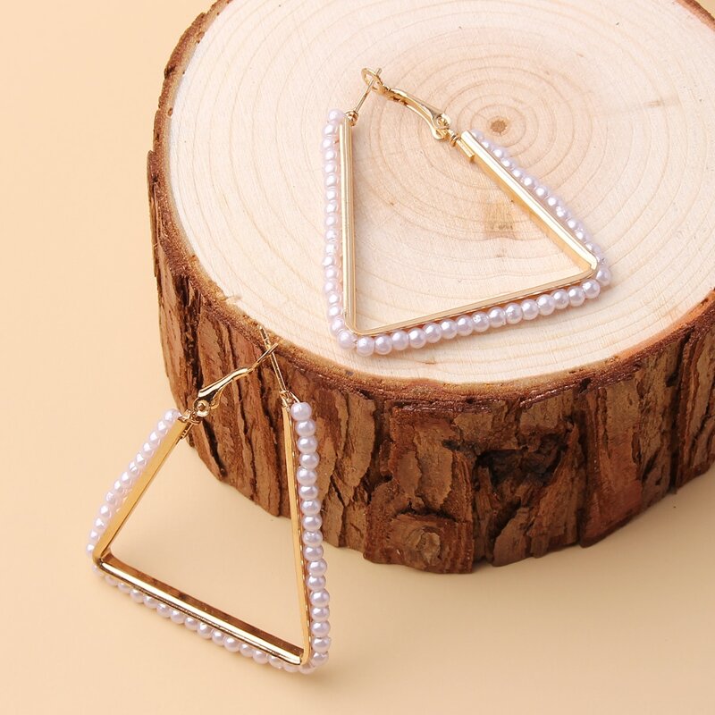 

Faux Pearl Triangle Hoop Earrings, White