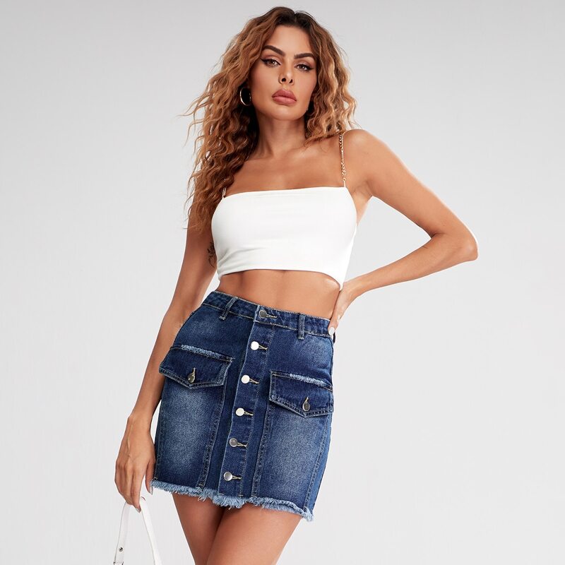 

Button Front Raw Hem Denim Skirt, Dark wash