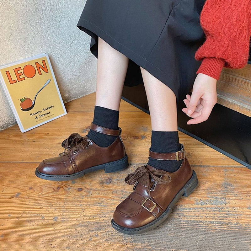 

Square Toe Ankle Strap Flats, Brown