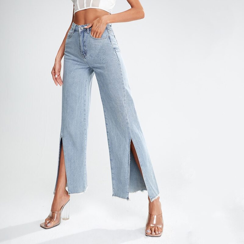 

High Waist Split Hem Wide Leg Jeans, Light wash