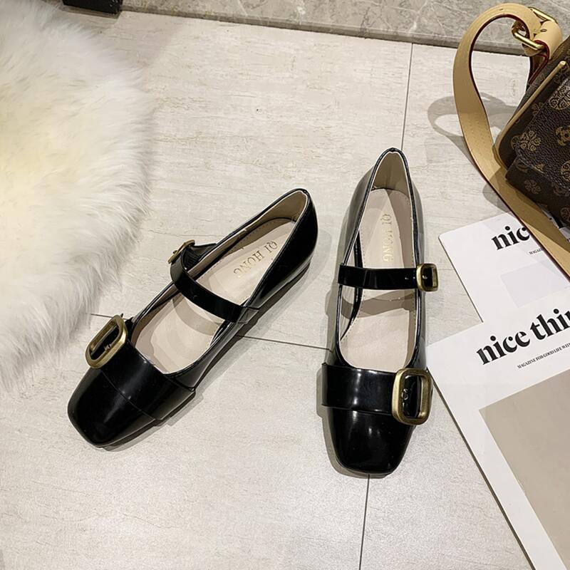 

Double Buckle Square Toe Ballet Flats, Black