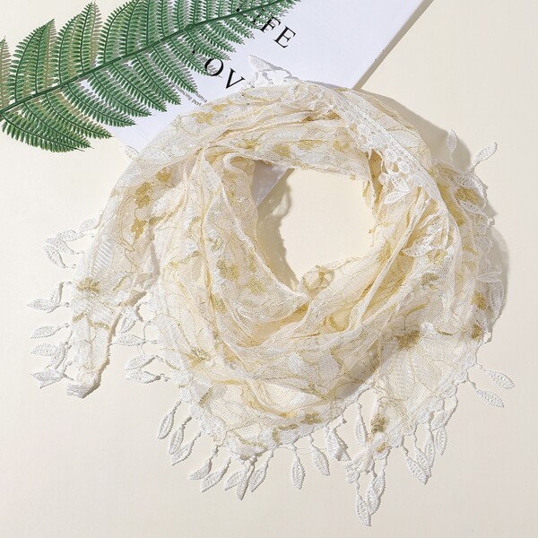 

Leaf Tassel Decor Flower Print Scarf, Beige