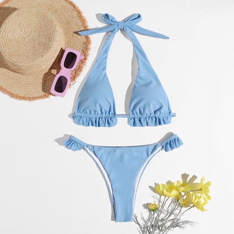 

Solid Halter Frill Bikini Swimsuit, Baby blue