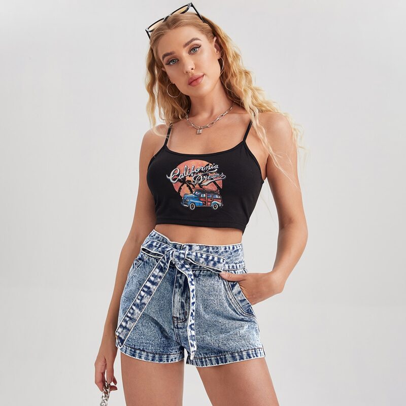 

Self Belted Slant Pocket Denim Shorts, Light wash