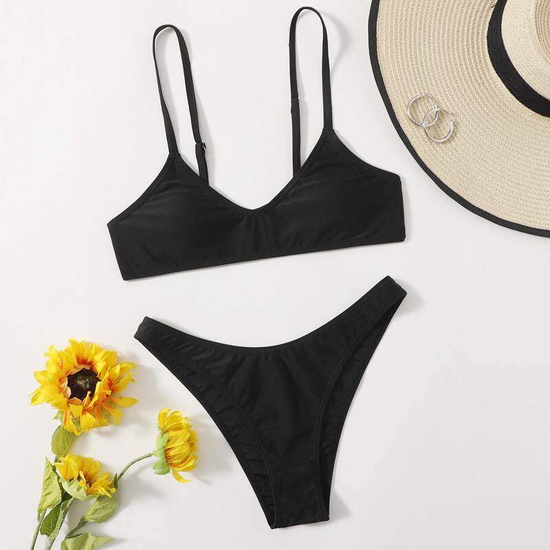 Solid High Cut Bikini Swimsuit, Black