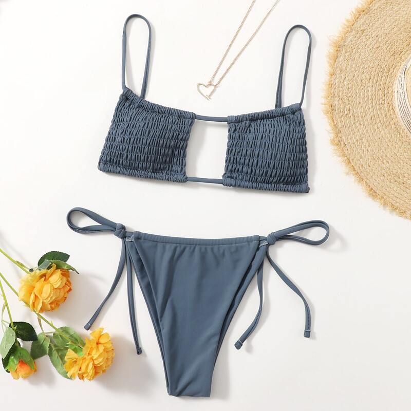 

Solid Shirred Cut Out Tie Side Bikini Swimsuit, Dusty blue