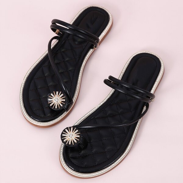 

Rhinestone Decor Flat Thong Sandals, Black