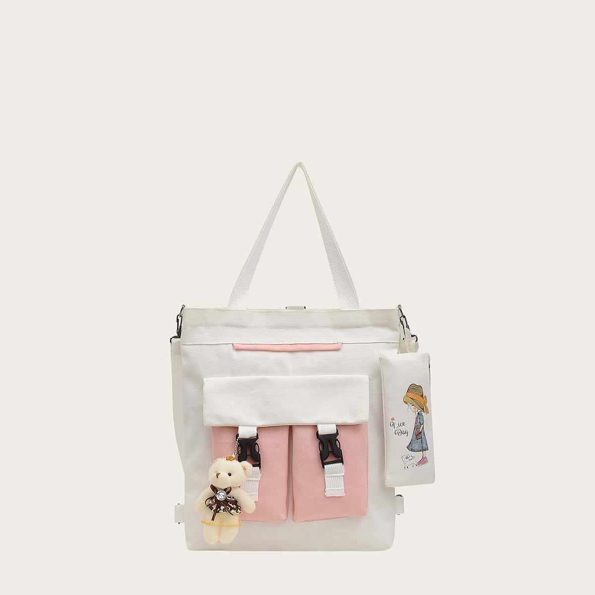 

Colorblock Canvas Tote Bag With Pencil Case, White